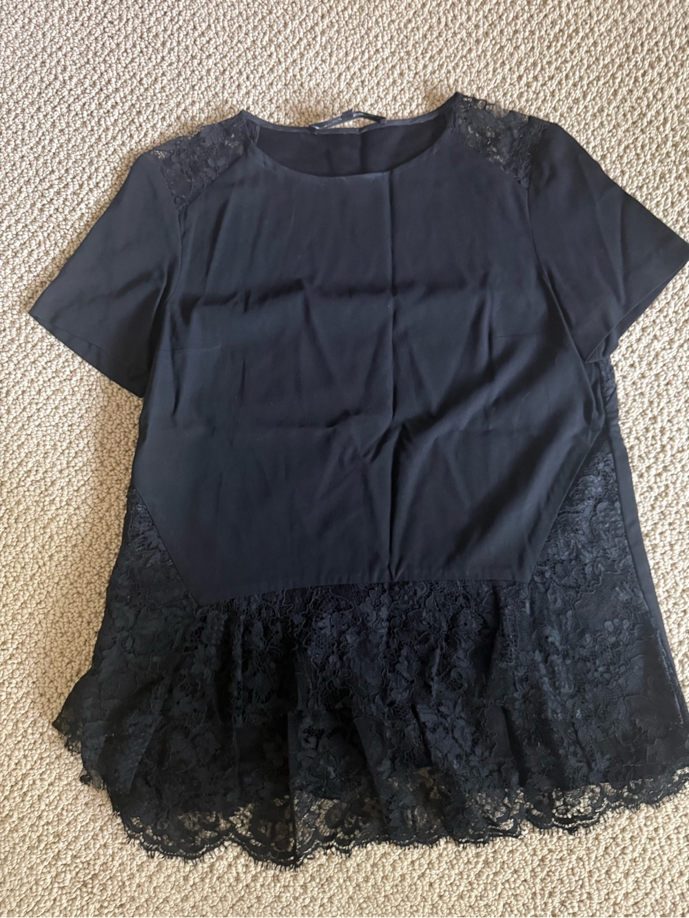 Thakoon Black Lace-Paneled Short Sleeve Blouse